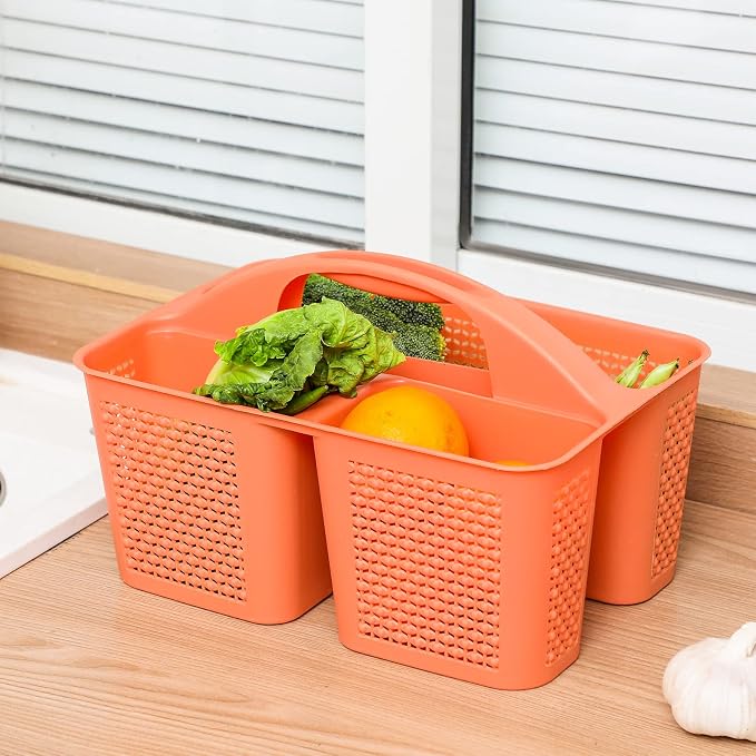 Plastic Portable Shower Caddy Basket with Handle, 3 Compartments, Orange | Storage Organizer with Drain Holes, Sturdy and Durable For Bathroom, Kitchen, College Dorm, Sink, Camping