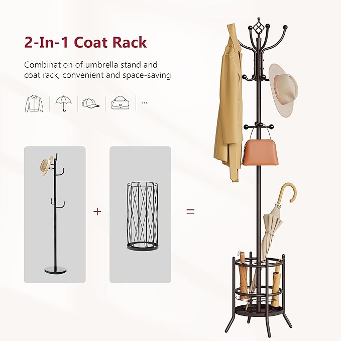 Tajsoon Coat Rack with Umbrella Stand, Coat Tree With 16 Hooks, Brown | 2-In-1 Design, Coat Rack Freestanding, Durable & Stable, Space-Saving, For Living Room, Bedroom, Office
