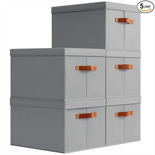 Homsorout Storage Bins with Lids - Large Fabric Closet Bins with Lid, 5 Pack Clothes Organizers and Storage, Collapsible Stackable Cube Basket for Home, Office, Dorm, Grey
