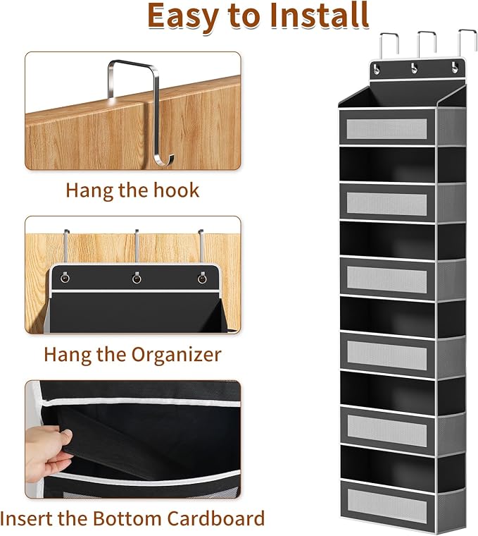 AQOOA 6-Tier Over The Door Organizer 44 lbs Capacity fit Standard Doors | Over the Door Storage 6 Large 12 Side Pockets Behind Door Storage, Closet Door Organizer Hanging Shelf, Black