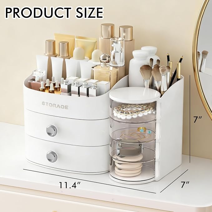 Makeup Organizer Countertop with Drawers, Make up Organizers for Vanity | Skincare Jewelry Earring Organizers, Cosmetic Display Cases Makeup Storage for Bathroom|Dresser, Ideal Gifts for Women(White)