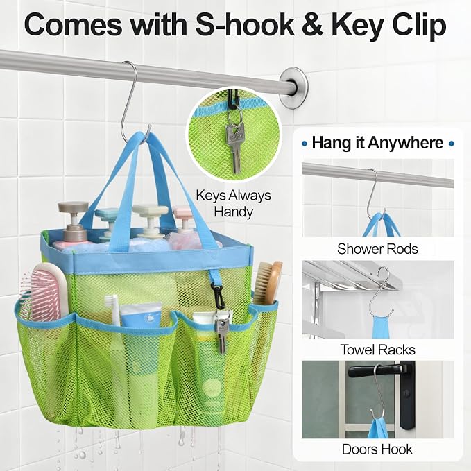 Mesh Shower Caddy Portable - 8 Pockets, S-Hook, Shower Bag for Dorm Camping | 2-Handle, Quick-Dry, Toiletry Organizer, College Dorm Room Essentials for Girls, Gym, Travel & Bathroom, Fluorescent Green
