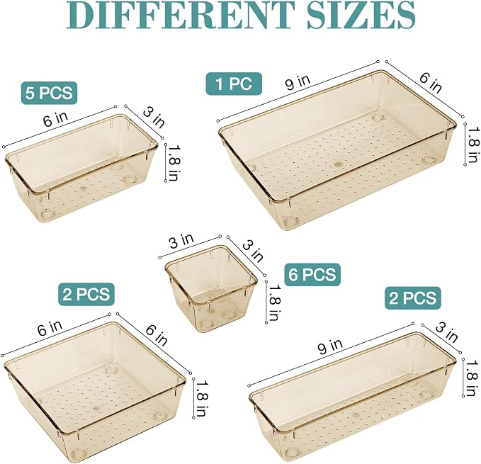 StorMiracle 16 PCS Drawer Organizer Set, 5 Varied Size Bathroom and kitchen Drawer cabinet organizer Trays, Clear Storage Bins for Makeup, Jewelry, Utensils and Gadgets, Champagne