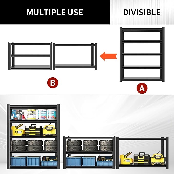 72" H Garage Shelving 2500 LBS Heavy Duty Storage Shelves, Adjustable 5 Tier Metal Shelving Unit, Metal Racks for Storage, Utility Shelves for Workshop, Basement, Home Office 72" H*35.4"W*15.7"D