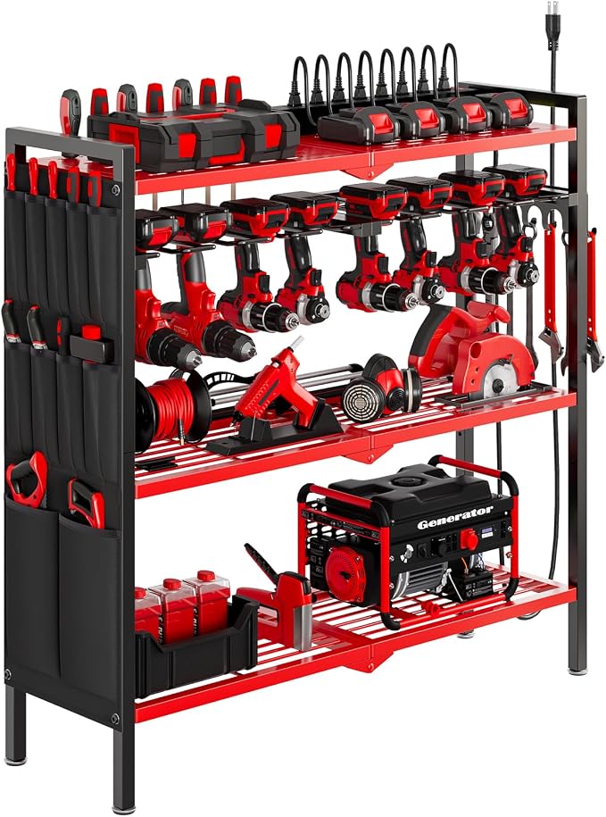 NattyDot Power Tool Organizer Cart with Charging Station, 8 Drills, Red | Freestanding Power Tool Cart Holds 8 Drills; Charging Station Powers Batteries while Sturdy Shelves Organize Garage Gear