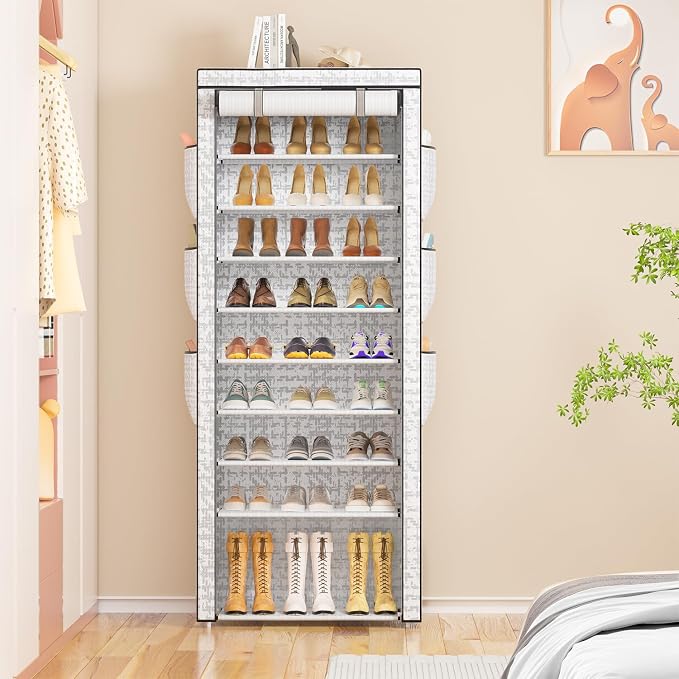 OYREL Shoe Rack Dustproof 10 Tier Tall Large Storage with 6 Storage Pocket | Space Saving Fabric Cover Shoe Organizer Shelf for Closet, Bedroom, Garage, Entryway, Narrow Free Standing Cabinet Holder