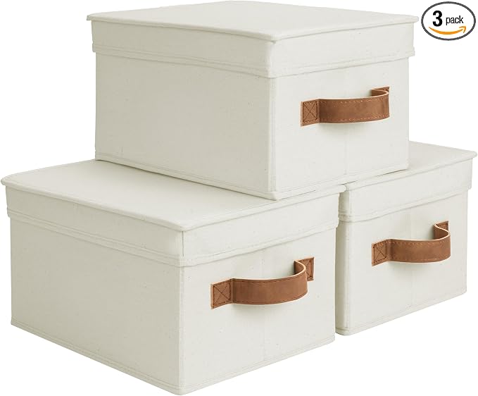 StorageWorks Storage Bins with Lids, Decorative Storage Boxes with Lid and PU Handles, Foldable Storage Baskets for Closet, Shelves, Stackable, Ivory, Medium, 3-Pack