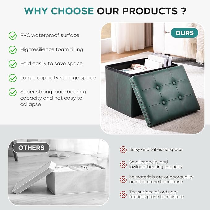 oakvivo Small 16 x 12 x12 Inches Folding Storage Ottoman, Faux Leather Foot Rest Stool with Rivet Design, Ottoman with Storage Vanity Stool Coffee Table for Living Room, Bedroom, Load 242 lbs, Green