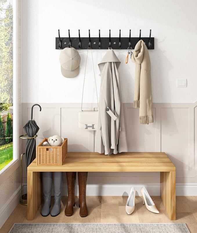 Optish 1 Pack Wooden Coat Rack Wall Mount, 16.1" Rustic Coat Hanger Hooks Wall Mount, Wall Coat Rack for Hat, Clothes, Bags, Jacket - Black
