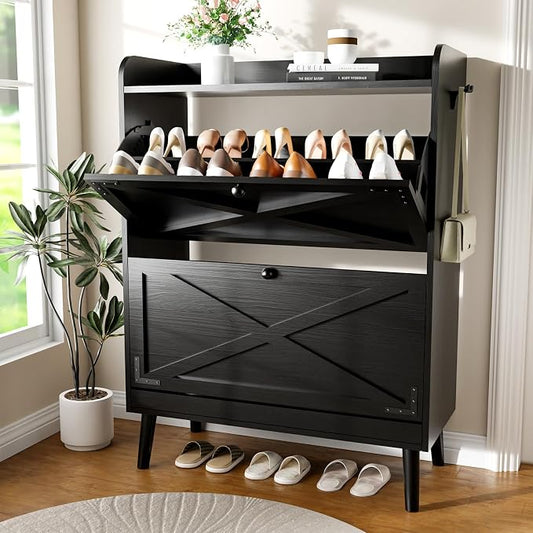 YZ HOME Shoe Storage Cabinet with 2 Flip Drawers | Entryway Shoe Cabinet, Metal Hooks & Adjustable Shelves, Freestanding Narrow Shoe Rack for Hallway Foyer, Black