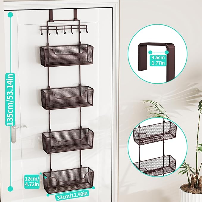 HapiRm Over The Door Organizer - Hanging Door Organizer with 4 Metal Large Capacity Baskets and Adjustable Coat Hook for Bathroom Bedroom Kitchen Pantry Closet Cabinet