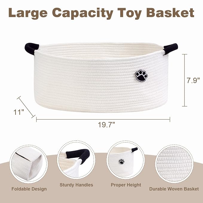 Optish Dog Toy Basket, 30L Toy Box and Bin for Dog Cat Storage, 19.7" X 11" X 7.9" Large Woven Rope Basket for Blankets, Living Room, Bedroom, White