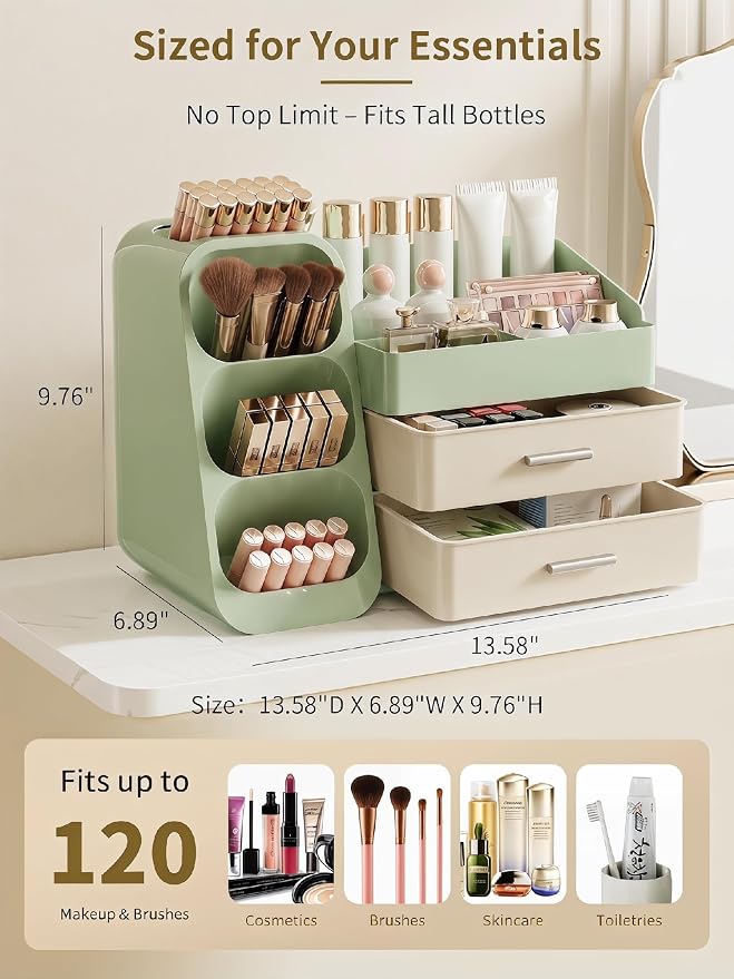 Booklov Large Makeup Organizer for Vanity Countertop, Green Cream | Plastic Cosmetic Display Case with Drawers, Beauty Brush Holder for Bathroom Counter, Skin Care Perfumes Storage