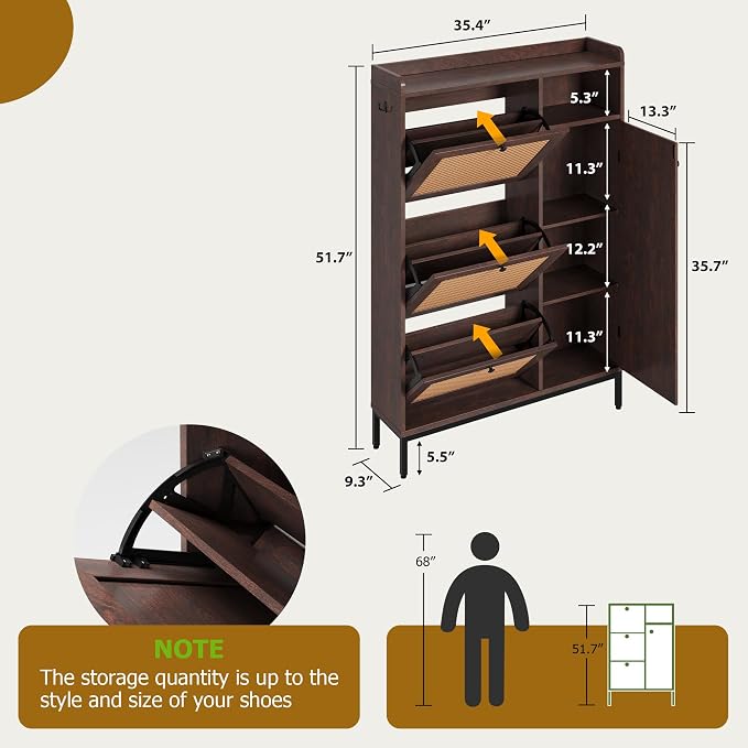 Garvee Shoe Cabinet with 3 Flip Drawers and 4-Tier Shoe Storage Cabinet, Freestanding Shoe Organizer with Adjustable Shelf and Rattan Doors for Entryway, Closet, Hallway