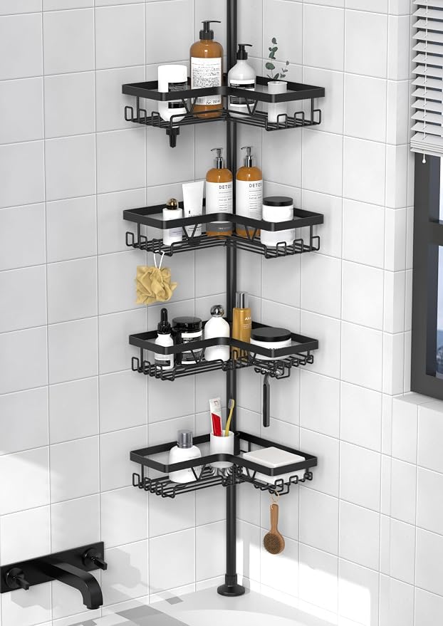 KEGII Corner Shower Caddy Tension Pole - Shower Tension Rod Organizer, Floor to Ceiling Shower Caddy 25-114.2 inch, Towel Rack Corner Waterproof, Black | 28 Hooks with Soap and Razor Holders, Heavy Duty 4-Tier Shelves for Family Bathtubs and Renters, A...