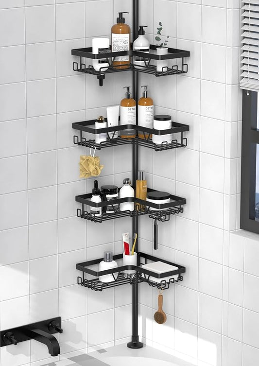 KEGII Corner Shower Caddy Tension Pole - Shower Tension Rod Organizer, Floor to Ceiling Shower Caddy 25-114.2 inch, Towel Rack Corner Waterproof, Black | 28 Hooks with Soap and Razor Holders, Heavy Duty 4-Tier Shelves for Family Bathtubs and Renters, A...