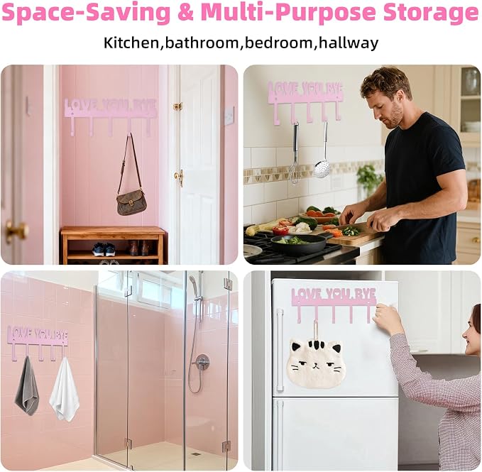 Adhesive Key Hanger Rack, Pink, 10x4 Inch | 5-Hook, Wall Mount Organizer, No Drill Easy Install, For Home Entryway