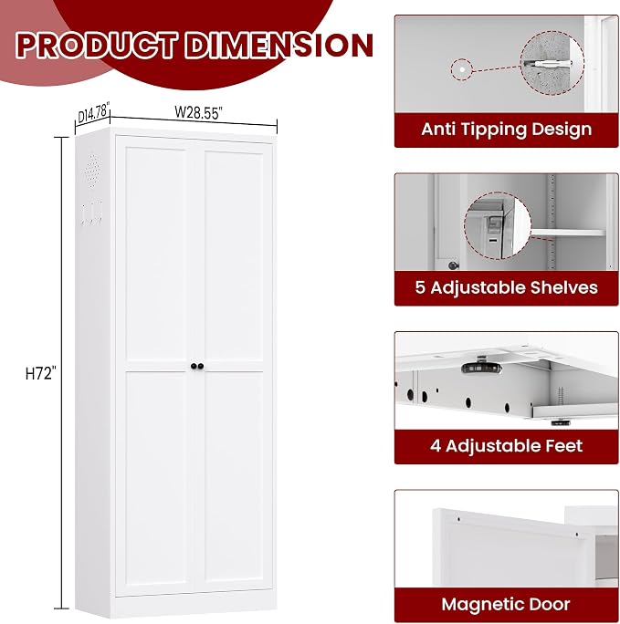 AQY Metal Pantry Cabinet, 72" White Kitchen Storage Cabinet with Doors | 5 Adjustable Shelves • Ventilated Metal Cabinet • Hanging Hooks • Freestanding Kitchen Storage