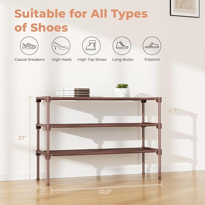 34" Widening Design Shoe Rack for Closet 16 Pairs Small Spaces Non-Woven 3 Tier Shoe Organizer Stackable Metal Shoe Shelf for Entryway, Bedroom Brown