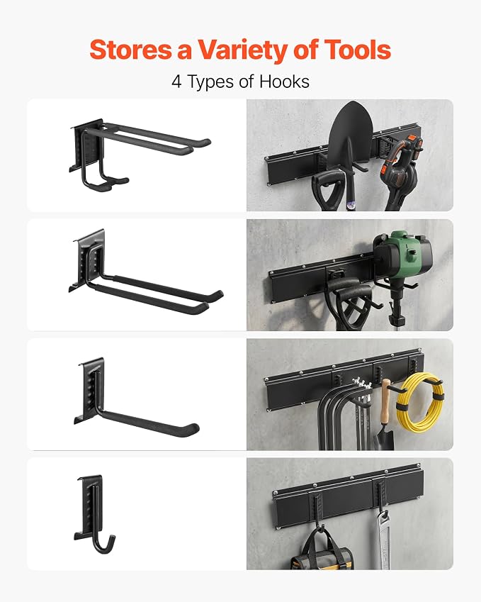 VEVOR Garage Tool Organizer 99 Inch 1200 lbs Wall Mount Garden Tool Rack, Heavy Duty Garage Hanging Storage Rack Organization with 6 Rails and 16 Adjustable Hooks, for Yard Tools, Shovel, Rake, Shed