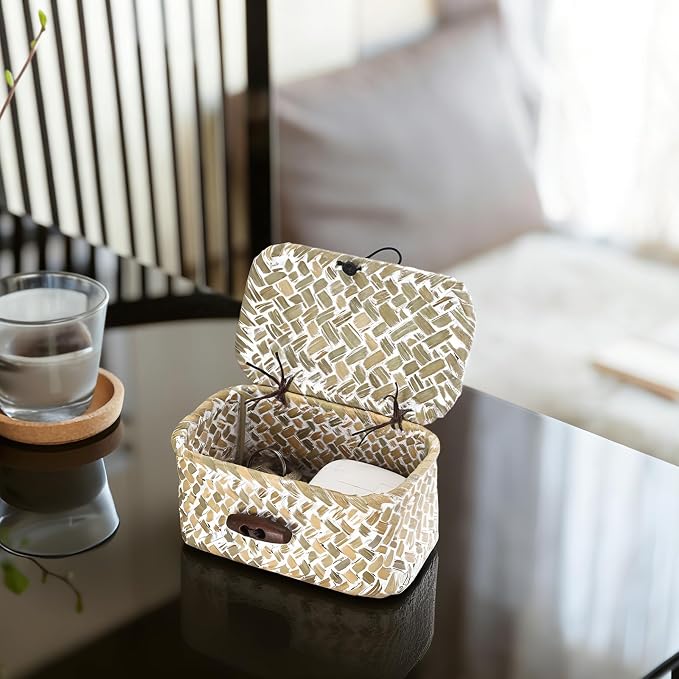 Hipiwe Wicker Shelf Basket Box with Lid Decorative Basket Handwoven Seagrass Storage Organizer Basket Decorative Basket, Whitewas 4.3" x 2.5" x 2.1"