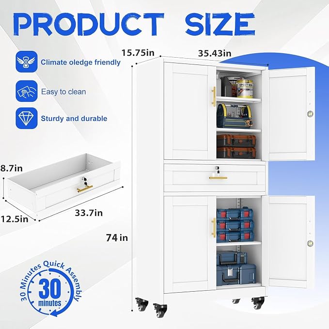 GAIOUS Metal Garage Storage Cabinet with Wheels and Drawer, Steel File Cabinet for Home Office, 74'' Tall Tool Cabinet with 4 Locking Doors and 3 Adjustable Shelves, Rolling Cabinet for Garage - White