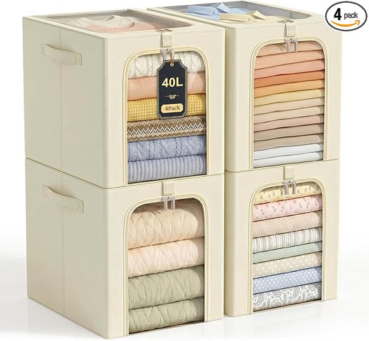 GoMaihe Clothes Storage Bins with Metal Frame for Closet, 40L 4-Pack Beige | Sweaters Hoodies Jeans T-Shirt, Closet Top Shelf Organizer, Collapse-Proof Stackable, Clear Window, Dual Access Space Saving