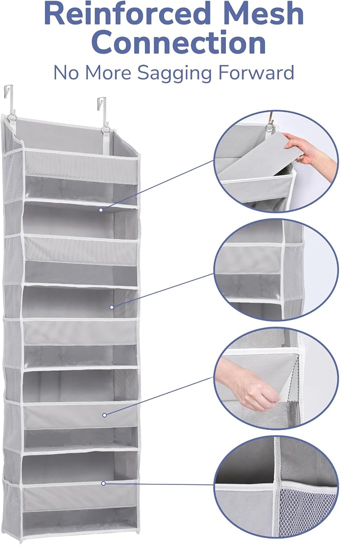 ULG 1 Pack Over Door Organizer with 5 Large Pockets 10 Mesh Side Pockets, 44 lbs Weight Capacity Hanging Storage Organizer with Clear Window for Kids Toys, Shoes, Diapers, Grey, 5 Layer