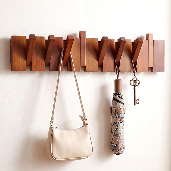 Youyole 8 Hook Wood Coat Rack Wall Mount Wooden Coat Hooks Rustic Wood Color Heavy Duty Flip Down Piano Hat Rack for Hanging Coats Keys Hats Robe Towels Home