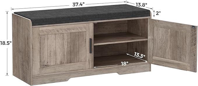 Homleke Shoe Storage Bench, 2 Doors & Thickened Padded Seat Cushion | 2-Tier Shoe Bench, Entryway Bench, Adjustable Shelf, 13.8" D x 37.4" W x 18.5" H, for Living Room, Bedroom, Greige