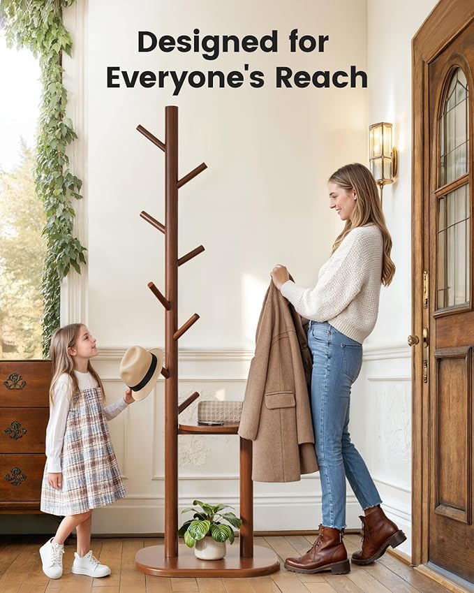Pipishell Coat Rack, Freestanding Hall Tree with 8 Hooks & Storage Shelf, Solid Wood Base, 66.3″ Tall Coat Rack Stand for Coats, Hats, Bag in Entryway, Bedroom, Living Room, Brown