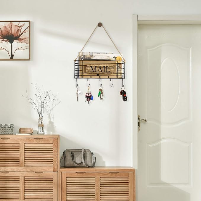 SRIWATANA Mail Organizer Wall Mount, 5 Key Hooks, Large, Carbonized Black | Mail Holder Key Holder for Wall, Hanging Mail Sorter, Letter Basket for Receipts Bills Envelopes, Home & Office Organizer