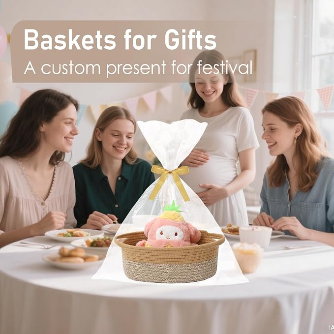 JMvicyroam Small Woven Basket, Empty Gift Basket, Jute&Brown/2 Pack | Small Gift Basket, Cotton Rope, 12 x 8 x 76 in, Handles, Includes Ribbon and Bag, Birthday Gift Basket