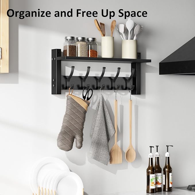 Optish Coat Rack Wall Mount with Shelf, 17.1 Inch Coat Hanger Walls Mounted, Hat Rack for Walls, Shelf with 5 Coat Hooks, Wall Hanger for Entryway (Black)