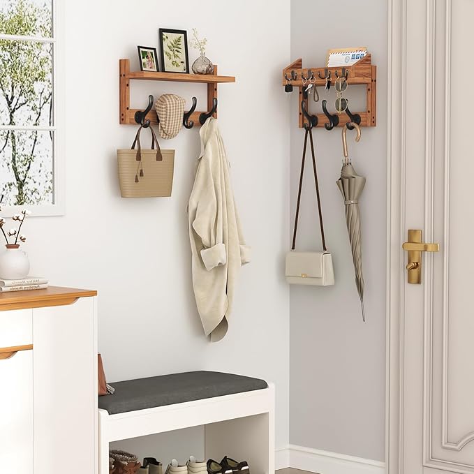 Evermagin 29" Coat Rack Wall Mount with Shelf & 11 Hooks, Entryway, Brown | 4-in-1: coat hooks, key hanger, mail holder & display shelf. Pine wood. For bedroom, hallway, mudroom, livingroom.