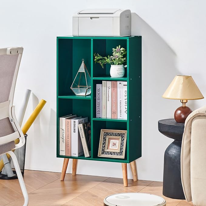 LEYAOYAO 5 Cube Bookshelf,Mid-Century Modern Bookcase with Legs,Dark Green | 3 Tier Book Shelf,Rustic Wood Bookshelves Freestanding Small Storage Organizer, Open Shelves for Bedroom, Living Room, Office