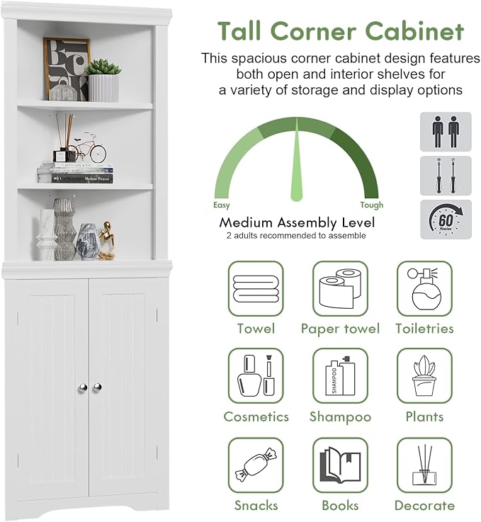 YESHOMY Corner Cabinet, Storage Cupboard with Doors | Tall Storage Cabinet with Adjustable Shelves, for Living Room, Bathroom, Kitchen, Warm White