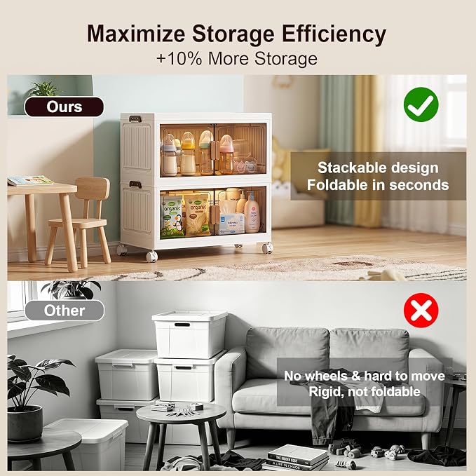 48QT Stackable Storage Bins With Lids, 2 Pack | Collapsible Storage Box, With Wheels and Doors, Foldable Storage Bins, For Bedroom Dorm Office Kitchen