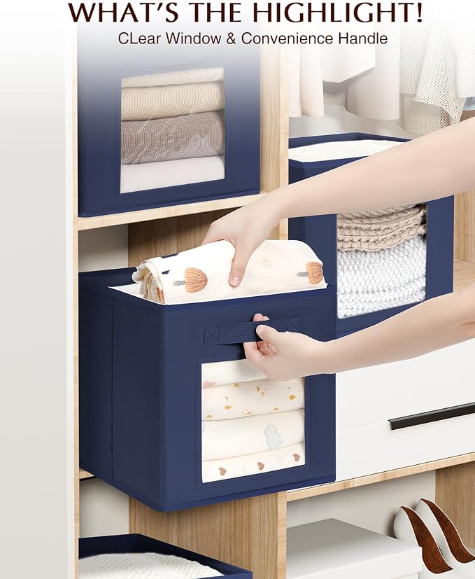 Storage Cube 11 Inch - Cube Storage Bins with Window, Closet Storage Baskets with Handle, Fabric Bins for Closet, Shelves, Toys, Clothes, Set of 12, Navy Blue