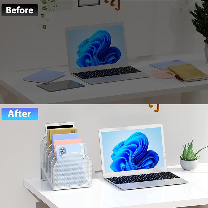 gianotter Desktop File Organizer, Desk Organizer with 5 Compartments, Paper Organizer for Desk, Workspace Organizers for Office Supplies (White, Inclined Style)