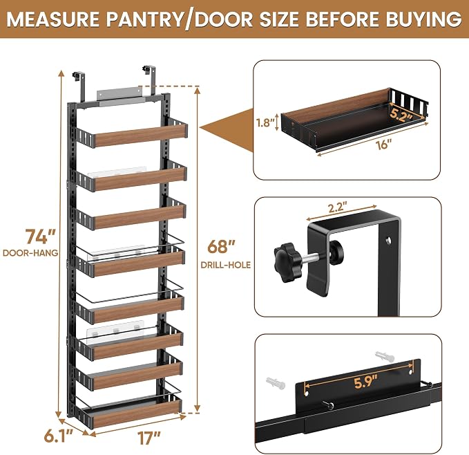 POKIPO 8 Tier Over The Door Pantry Organizer, 2 IN 1 Wall Mount or Hanging Spice Rack Seasoning Shelves with Adjustable Basket, Back of Door Organizer and Storage for Kitchen Cabinet and Room Closet