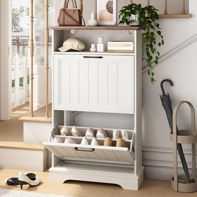24" W Hidden Shoe Storage Cabinet with 2 Flip Drawers & Open Storage | Farmhouse Modern Shoes Rack Cabinet,Adjustable Shelves, Narrow Slim Shoes Organizer for Entryway,Foyer,Hallway,Antique White