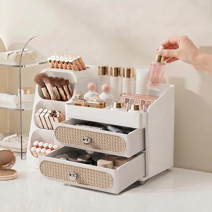 Booklov Large Makeup Organizer for Vanity Countertop, White | Plastic Cosmetic Display Case with Drawers, Beauty Brush Holder for Bathroom Counter, Skin Care Perfumes Storage