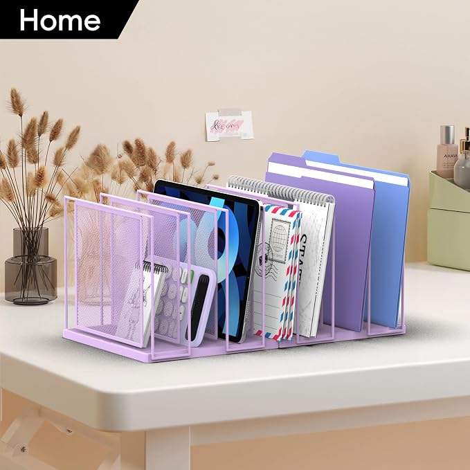 File Organizer for Desk, 7-Section Vertical File Sorter, Paper Holder Organizer Standing Metal File Folder for Office Home Classroom, Purple