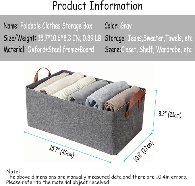AARAINBOW Linen Closet Organizer Storage Bin with Steel Frame, Stackable Fabric Jeans Baskets for Shelves, 4 Packs Foldable Wardrobe Clothes Box for Sweater Pants Towel Shirt Storage, 23L Gray