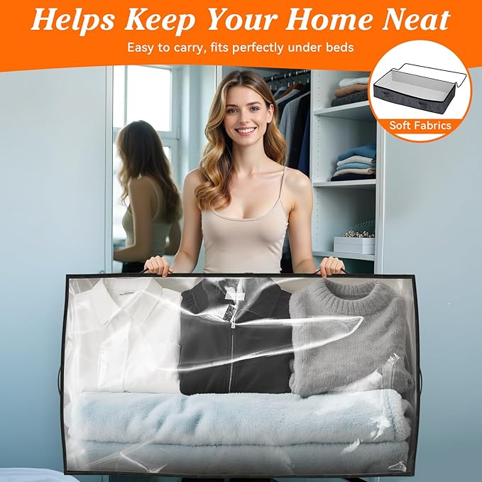 90L Under Bed Storage Containers, Storage Bags, Organizers, 4-Pack, Gray | Foldable, Soft Fabric, Closet Organizers, Reinforced Handle, Label Holder, Clear Window, for Comforters, Clothing, Blankets