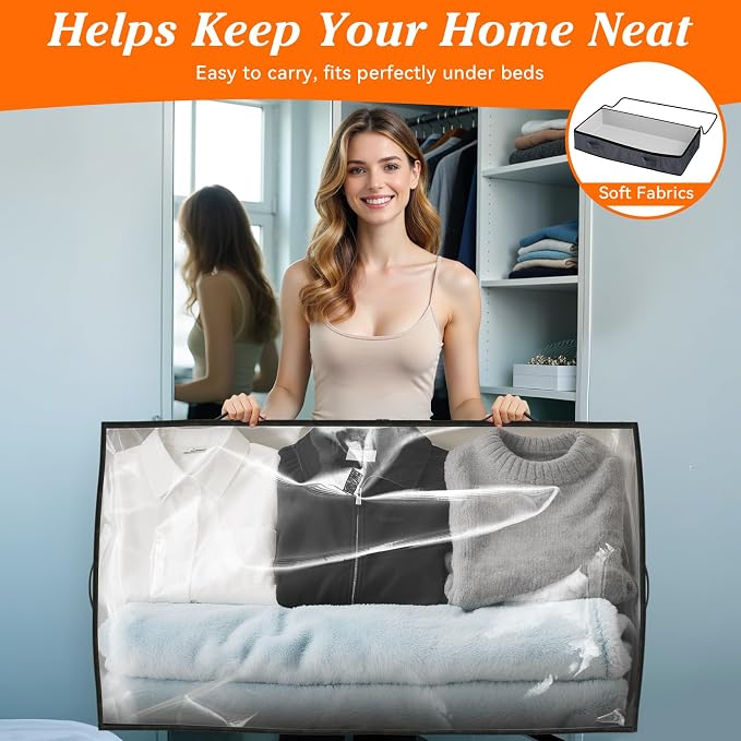 90L Under Bed Storage Containers, Storage Bags, Organizers, 2-Pack, Gray | Foldable, Soft Fabric, Closet Organizers, Reinforced Handle, Label Holder, Clear Window, for Comforters, Clothing, Blankets