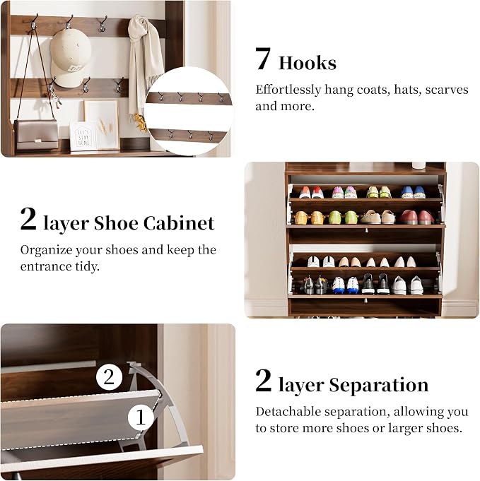 Fsbecl Shoe Cabinet for Entryway with 2 Flip Drawers & Coat Rack, Narrow Hidden Shoe Storage Cabinet with Fluted Panel, 2-in-1 Hall Tree Slim Freestanding Shoe Rack Organizer for Hallway