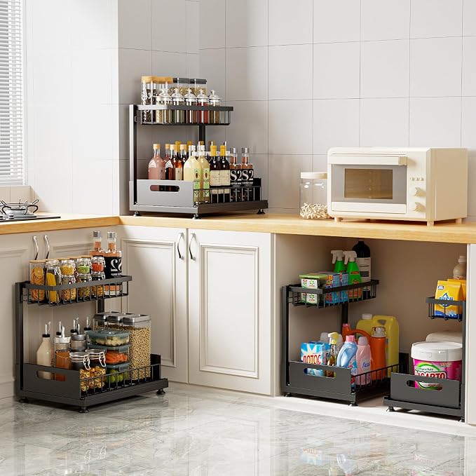 Saydear L-Shaped Under Sink Organizer, 2-Tier Pull-out Cabinet Rack 1-Pack | Black Height-Adjustable Steel Rack, Sliding Grid Drawers with PP Liners, Holds 100 Lbs, Suction Base, Ideal Kitchen Storage