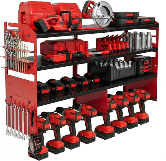 Power Tool Organizer Wall Mount, Standard Edition, RED | Heavy Duty 600 Lbs Metal Tool Storage Rack, 4-Tier Garage Drill Holder & Workshop Battery Management Station